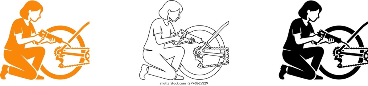 A set of three vector illustrations depicting a woman kneeling and repairing a bicycle chainset with tools. Includes a solid orange version, a black outline, and a black silhouette.