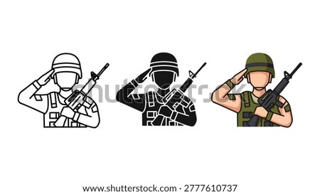 A set of three vector illustrations depicting a soldier in uniform saluting while holding a rifle. Includes line art, silhouette, and colored versions.
