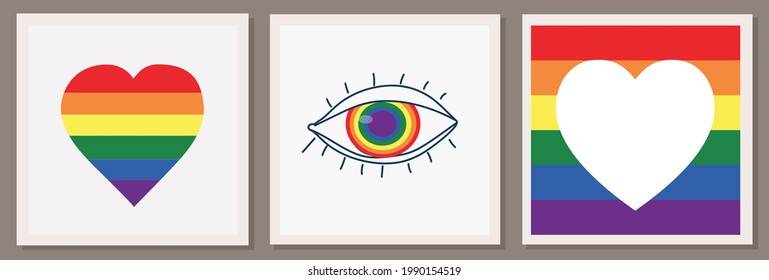 Set of three vector illustrations of the LGBT community. Hand with heart, rainbow and eye. Love lettering. LGBTQ symbols and colors.  Human rights and tolerance. Happy Pride Month. 