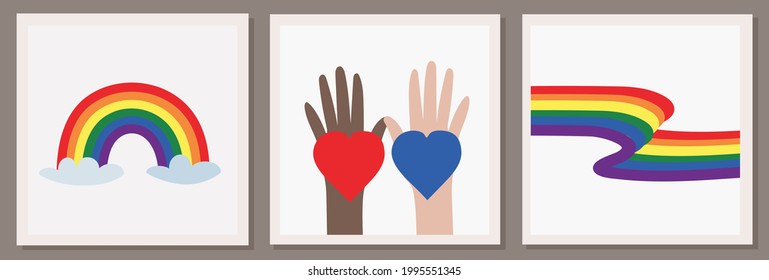 Set of three vector illustrations of LGBT community. Hands of different colors with rainbow hearts and rainbows. LGBTQ symbolism and colors.  Human rights and tolerance. Happy Pride Month. 