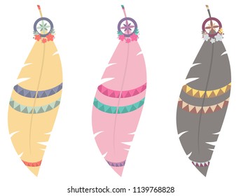 Set of three vector illustrations of multicolored boho feathers isolated on white background