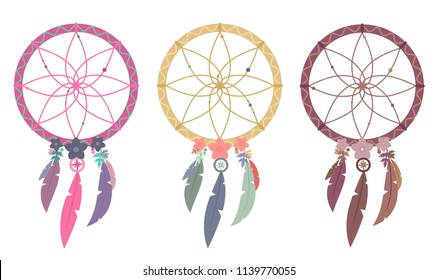 Set of three vector illustrations of multicolored boho dreamcatchers isolated on white background