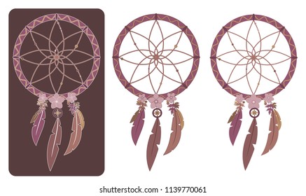 Set of three vector illustrations of multicolored boho dreamcatchers with various outlines