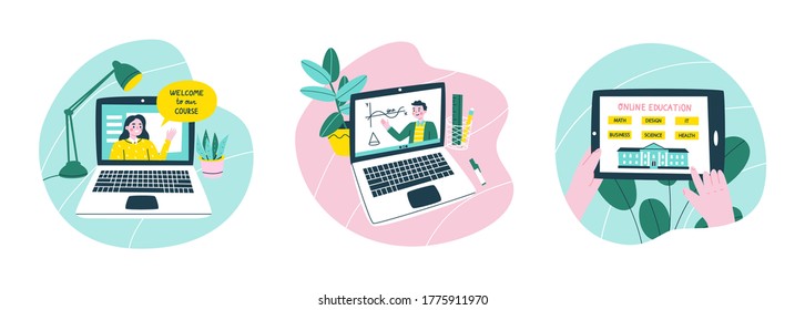 Set of three vector illustrations of online education concept. Laptops showing teachers giving lectures and a tablet computer in trendy cartoon style.