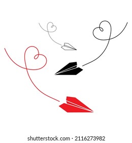 Set of three vector illustrations of paper plane icons fot st. Valentines Day. Outline simple and silhouette craft paper airplane with heart route isolated on white background.