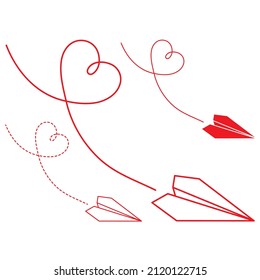 Set of three vector illustrations of paper plane icons fot st. Valentines Day. Outline simple and silhouette craft paper airplane with heart route isolated on white background.