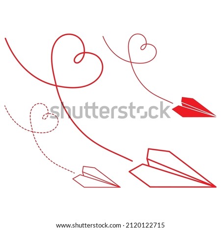 Set of three vector illustrations of paper plane icons fot st. Valentines Day. Outline simple and silhouette craft paper airplane with heart route isolated on white background.