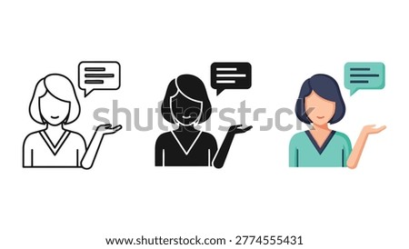 Set of three vector illustrations representing customer service or communication. Includes outline, silhouette, and colored flat design styles for diverse applications.