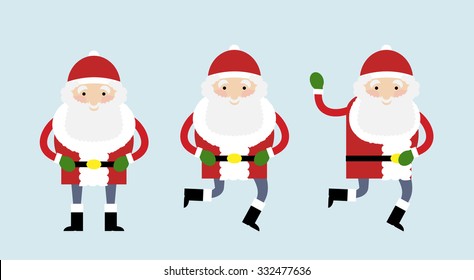 Set of three vector illustrations of Santa Claus standing, running and waving.
Design elements on the blue background.