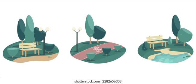 Set of Three Vector Illustrations: Serene Bench by a Lake with Green Surroundings, Bike Path and Path with Lanterns in Spring Summer Season