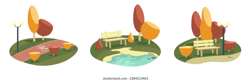 Set of Three Vector Illustrations: Serene Bench by a Lake with color Surroundings, Bike Path and Path with Lanterns in Autumn Fall Season