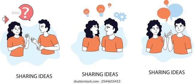 A set of three vector illustrations showcasing people sharing ideas. Each image features a man and a woman engaging in discussions, brainstorming, and exchanging creative thoughts