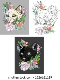 Set of three vector illustrations silhouette of a muzzle cat with flowers and leaves on white background