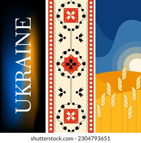 Set of three vector illustrations.  Stand with Ukraine. Ukrainian national costume ornament. Ukrainian flag colours. Nature scenery.