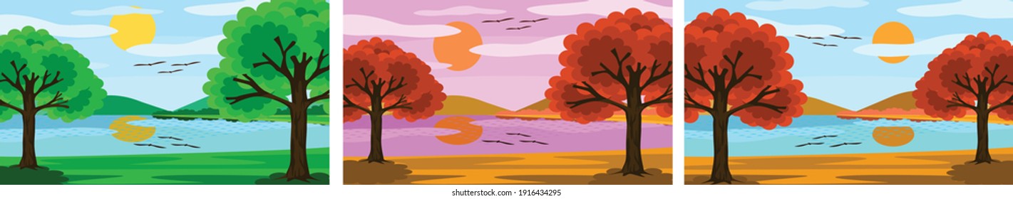 Set of three vector images. It is a picture of a lake with trees and mountains in the sky. It is a cartoon style with beautiful colors. Can be used as a decoration or background image.