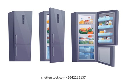 Set of three vector isolated cartoon refrigerators, closed, slightly open, and fully open with food inside. Perfect for kitchen visuals, meal planning, grocery delivery, healthy lifestyle projects.