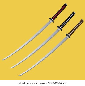 Set of three vector katana on yellow background. Vector illustration.