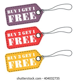 Set of three vector knitted pricetag with fabric imitation and lettering Buy 1 get 1 Free, Buy 2 get 1 Free, Buy 3 get 1 Free. Retro or vintage style. Price tag for sales, discounts and promotions.