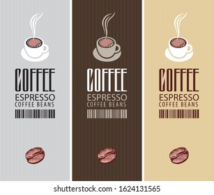 Set of three vector labels for coffee beans. Coffee labels with a cup of coffee, barcode and coffee bean on the striped background