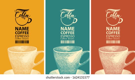 Set of three vector labels for coffee beans. Coffee labels with hand-drawn cups and barcodes on different colored backgrounds