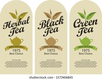 Set of three vector labels for herbal, black and green tea decorated by tea leaves and teapots, with calligraphic inscriptions and place for text in retro style.