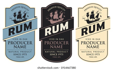 Set of three vector labels for rum in a figured frames with sailing ships and inscriptions in retro style. Premium quality, iced in oak, collection of strong alcoholic beverages