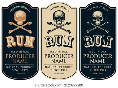 Set of three vector labels for rum in a figured frames with human skulls and crossbones in retro style. Pirates collection of strong alcoholic beverages premium quality, iced in oak