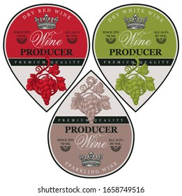 Set of three vector labels for wine in the shape of a drop. Collection of modern labels with hand-drawn crown, bunch of grapes and calligraphic inscription.