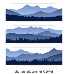 Set of three vector landscape banners with silhouettes of mountains and forest