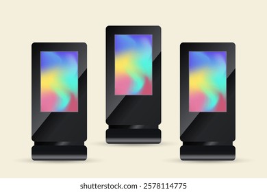 Set of three vector LED display Mockup with Digital Stand and frame in black, Three Outdoor Large LED Screens Mock up vector, illustration design
