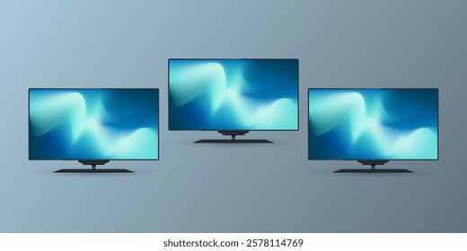 Set of three vector LED TV Screen Mockup with gradient blue screens. Three technology LED TV Screens Mockup in 3Ds. editable LED vector, illustration design.