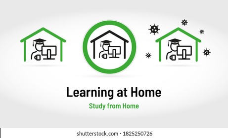 Set of three vector line art signs - Learning at home - Study from home - Distance learning or Online Lecture during Quarantine