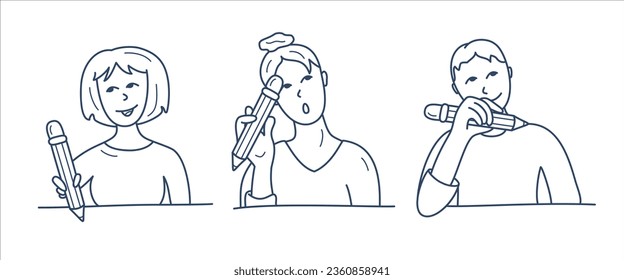 Set of three vector line illustration of studenst with pencils.