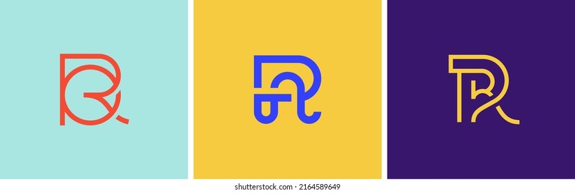 Set of three vector logos. Linear logo monogram letter R. Vector illustration