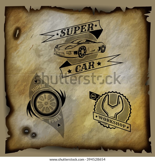 A set of three vector logos on\
a old paper background. The emblem of the wheel, car and\
wrench.