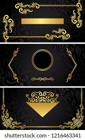 Set of three vector luxury invitations with a vintage decor on a black seamless floral background   