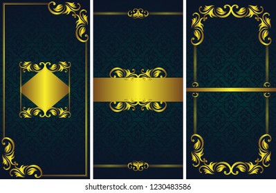 Set of three vector luxury invitations or cards with a vintage gold decor on a dark background. Can be used for your design      
