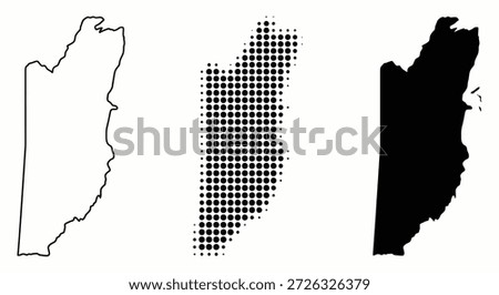 A set of three vector maps of Belize featuring outline, halftone, and solid silhouette versions on a clean white background.