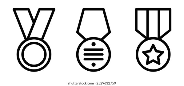 Conjunto de tres íconos de medallas de Vector, cada uno con un diseño diferente que representa logros, honor o premios militares. Trazo editable