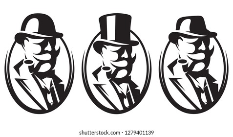 Set of three vector monochrome illustrations for gentleman's club.