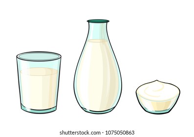 Set of three vector objects: glass, bottle and cup with milk and sour cream or yogurt . Illustration for menu, recipe book, stickers, mockup. Isolated glass items on a white background, mock up