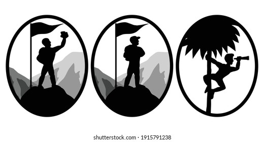 Set of three vector pictures Of climbers standing on top of a mountain And taking a selfie And a man climbing a palm tree to look into the binoculars to see the path ahead Suitable for making labels, 