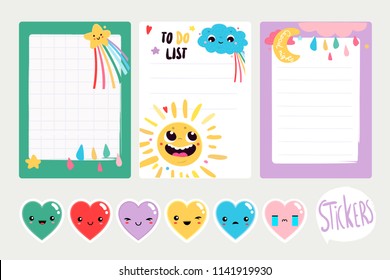 Set of three vector planners, and six heart stickers. All elements are isolated