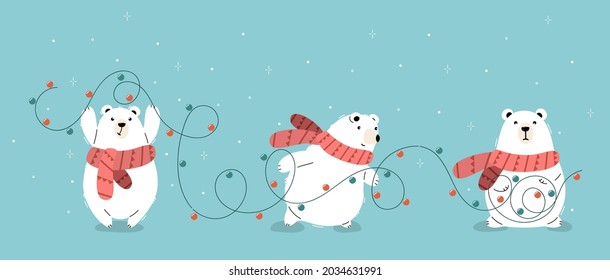 Juego de tres osos polares vectoriales en bufandas naranjas que llevan guirnaldas para Navidad.