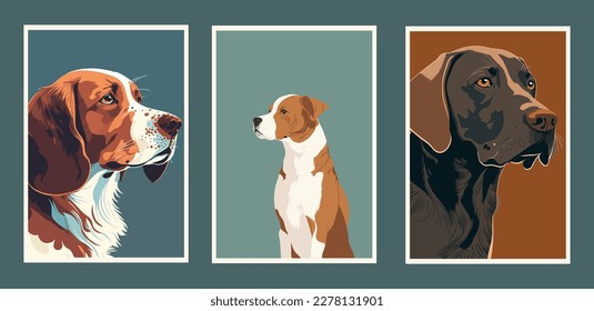 Set of three vector portraits of dogs. Beagle, Retriever and hound. wall art print poster