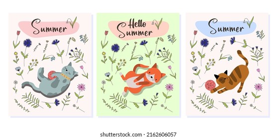 Set of three vector posters with cute cats on grass. Summer Party. Summer Vibes. Flat vector illustration for your design EPS