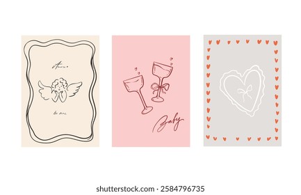 Set of three vector posters for Valentine's Day. With cute, flirty illustrations in doodle style and calligraphic inscriptions and phrases. Lettering. Pink, gray, red