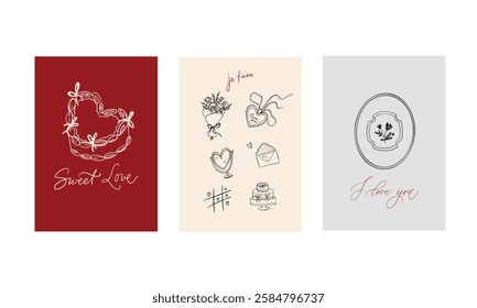 Set of three vector posters for Valentine's Day. With cute, flirty illustrations in doodle style and calligraphic inscriptions and phrases. Lettering. Pink, gray, red