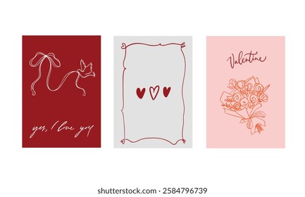 Set of three vector posters for Valentine's Day. With cute, flirty illustrations in doodle style and calligraphic inscriptions and phrases. Lettering. Pink, gray, red