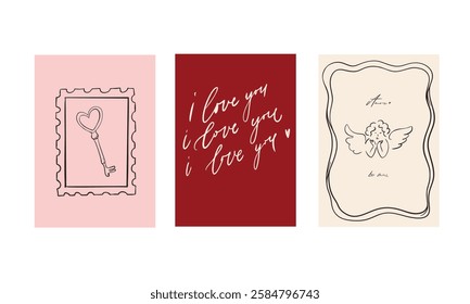 Set of three vector posters for Valentine's Day. With cute, flirty illustrations in doodle style and calligraphic inscriptions and phrases. Lettering. Pink, gray, red